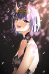  1girl bangs bare_shoulders blush bob_cut breasts cherry_blossoms collarbone eyeliner fangs fate/grand_order fate_(series) headpiece highres horns looking_at_viewer makeup oni oni_horns open_mouth petals pointy_ears purple_hair ran_s200 revealing_clothes short_eyebrows short_hair shuten_douji_(fate/grand_order) sidelighting small_breasts smile solo violet_eyes 
