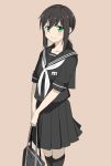  1girl bag black_hair black_serafuku blush eyebrows_visible_through_hair fubuki_(kantai_collection) green_eyes highres kantai_collection kiyu_fuyuki pleated_skirt ponytail sailor_collar school_uniform serafuku sidelocks simple_background skirt 