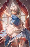  1girl absurdres apron between_fingers blue_dress blue_eyes bow braid cowboy_shot dress frilled_apron frilled_skirt frills gloves hair_bow highres izayoi_sakuya knife looking_at_viewer maid maid_apron maid_headdress pocket_watch puffy_short_sleeves puffy_sleeves short_hair short_sleeves silver_hair skirt solo thigh-highs touhou twin_braids watch white_gloves white_headwear white_legwear ze_xia 