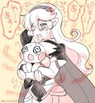 1girl @_@ armor blush cape corrin_(fire_emblem) corrin_(fire_emblem)_(female) electricity eromame fire_emblem fire_emblem_fates gen_2_pokemon gloves hair_between_eyes hair_ornament hairband holding long_hair nintendo open_mouth pichu pointy_ears pokemon pokemon_(creature) red_eyes smile translation_request