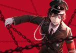  1boy :d armband black_hair black_neckwear chain gloves hat highres holding_chain koki_(latte1023) looking_at_viewer male_focus military_hat necktie open_mouth original pocket red_background red_eyes simple_background smile uniform white_gloves 