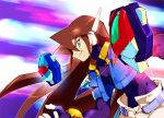  1boy amulet bangs blue_jacket bodysuit bracelet brown_hair earmuffs gloves green_eyes jacket jewelry kon_(kin219) livemetal long_hair male_focus model_x model_z necklace pants robot_ears rockman rockman_zx shorts smile solo spandex vent white_pants 