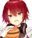 1girl arknights bangs blush brown_eyes commentary_request exusiai_(arknights) eyebrows_visible_through_hair food gloves hair_between_eyes hamburger hand_up head_tilt headphones headphones_around_neck highres holding holding_food jacket jyt open_clothes open_jacket open_mouth redhead simple_background solo upper_teeth white_background white_gloves white_jacket