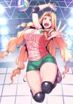  1girl black_legwear blonde_hair blush breasts elbow_pads fate/grand_order fate_(series) green_eyes headband highres jumping long_hair looking_at_viewer nakamura_regura open_mouth piercing quetzalcoatl_(fate/grand_order) shorts solo sportswear sweat teeth thigh-highs tongue very_long_hair volleyball volleyball_net volleyball_uniform 