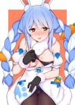  1girl absurdres animal_ear_fluff animal_ears bangs black_gloves blue_hair blush braid breasts bunny_girl bunnysuit carrot carrot_hair_ornament closed_mouth food_themed_hair_ornament fur_trim gloves hair_ornament heart heart-shaped_pupils highres hololive katte_ni_kappa long_braid long_hair medium_breasts multicolored_hair orange_background orange_eyes pantyhose rabbit_ears scarf simple_background solo symbol-shaped_pupils thick_eyebrows tongue tongue_out twin_braids two-tone_hair undressing usada_pekora very_long_hair virtual_youtuber white_coat white_hair 