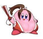  1other :d adorable black_gloves blue_eyes blush_stickers breasts brown_hair commentary copy_ability cosplay fan fatal_fury folding_fan full_body gloves grundelsmoochart hair_ribbon hal_laboratory_inc. holding holding_fan hoshi_no_kirby japanese_clothes kimono kirby kirby_(series) large_breasts long_hair looking_at_viewer male nintendo no_humans open_mouth pink_puff_ball ponytail red_footwear red_kimono ribbon shiranui_mai shiranui_mai_(cosplay) shoes sleeveless sleeveless_kimono smash_is_for_good_boys_and_girls smile snk sora_(company) standing super_smash_bros. tassel the_king_of_fighters transparent_background trap white_ribbon 