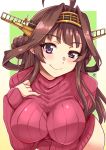  1girl ahoge alternate_costume aoi_manabu brown_hair double_bun hairband headgear kantai_collection kongou_(kantai_collection) long_hair long_sleeves looking_at_viewer red_sweater smile solo sweater upper_body violet_eyes 