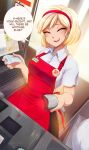  1girl ^_^ ^o^ apron blonde_hair blush breasts cash_register cashier closed_eyes earrings english_text green_eyes hairband highres jewelry merunyaa original receipt sammy_(bestsammy) scanner short_hair smile solo sweatdrop teeth 