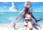  1girl ;q ahoge ass bangs bikini black_bikini black_gloves blue_sky breasts commentary_request cowboy_shot day eyebrows_visible_through_hair fate/grand_order fate_(series) gloves highres holding holding_sword holding_weapon jeanne_d&#039;arc_(alter_swimsuit_berserker) jeanne_d&#039;arc_(fate)_(all) large_breasts left-handed long_hair long_sleeves ocean one_eye_closed red_legwear reverse_grip shrug_(clothing) silver_hair single_thighhigh sky smile solo standing swimsuit sword thigh-highs thigh_strap thighs thkani tongue tongue_out very_long_hair water weapon yellow_eyes 