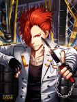  1boy artist_name black_gloves black_shirt chain chain_necklace copyright_request fingerless_gloves gloves hair_over_one_eye holding holding_knife index_finger_raised indoors jacket knife looking_at_viewer male_focus red_eyes redhead shirt solo standing sysen white_jacket 