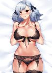  1girl :q absurdres bare_arms bare_shoulders bed_sheet bell black_bra black_panties bra breasts collarbone front-tie_top garter_belt girls_frontline hair_ribbon hands_up highres jingle_bell large_breasts long_hair looking_at_viewer lying navel on_back panties red_eyes ribbon silver_hair smile solo spas-12_(girls_frontline) telru thigh-highs tongue tongue_out underwear underwear_only 