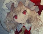  1girl ascot bangs blonde_hair bow commentary_request eyebrows_visible_through_hair fang fang_out flandre_scarlet frilled_shirt_collar frills grey_background hair_between_eyes hat hat_bow head_tilt looking_at_viewer mob_cap mochacot pointy_ears portrait puffy_short_sleeves puffy_sleeves red_bow red_eyes red_vest shirt short_hair short_sleeves slit_pupils smile solo touhou vest white_headwear white_shirt yellow_neckwear 