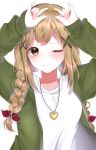  1girl alternate_hairstyle bang_dream! bangs blonde_hair blush braid brown_hair cardigan chiyosama closed_mouth collarbone commentary eyebrows_visible_through_hair green_cardigan green_jacket hair_ornament hair_ribbon hairclip hand_up heart heart_necklace highres ichigaya_arisa jacket jewelry long_hair long_sleeves looking_at_viewer necklace one_eye_closed red_ribbon ribbon shirt sidelocks simple_background sleeve_cuffs sleeves_past_wrists solo sweatdrop upper_body white_background white_shirt x_hair_ornament 