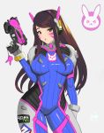  1girl animal_print arm_at_side bangs blue_bodysuit blush bodysuit breasts brown_eyes brown_hair bunny_print charm_(object) clothes_writing contrapposto cowboy_shot d.va_(overwatch) facepaint facial_mark finger_on_trigger gloves grey_background gun handgun headphones highres holding holding_gun holding_weapon long_hair looking_at_viewer medium_breasts open_mouth overwatch pilot_suit pistol ribbed_bodysuit shiny shiny_clothes shoulder_pads simple_background skin_tight snvass3 solo swept_bangs weapon whisker_markings white_gloves 