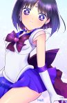  1girl back_bow bishoujo_senshi_sailor_moon black_hair bob_cut bow brooch choker circlet closed_mouth cowboy_shot earrings elbow_gloves gloves himewachi jewelry looking_at_viewer magical_girl out_of_frame pleated_skirt purple_bow purple_neckwear purple_sailor_collar purple_skirt sailor_collar sailor_saturn sailor_senshi_uniform short_hair signature skirt smile solo star star_choker super_sailor_saturn tomoe_hotaru violet_eyes white_gloves 
