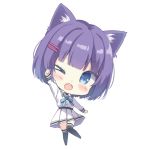  &gt;_o 1girl ;d animal_ear_fluff animal_ears arm_up bangs black_legwear blue_bow blue_eyes blush bow chibi collared_shirt commentary_request dress_shirt eyebrows_visible_through_hair fang fox_ears full_body hair_ornament hairclip highres long_sleeves looking_at_viewer one_eye_closed open_mouth pleated_skirt purple_hair rukiroki saeki_sora sasugano_ruki shirt simple_background skirt sleeves_past_wrists smile solo standing standing_on_one_leg thigh-highs v-shaped_eyebrows white_background white_shirt white_skirt 