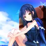  1girl bangs black_hair black_hairband blue_cape blue_sky breasts cape clouds day dress hair_ornament hairband hayami_rokushichi highres key_(company) knees_up kushima_kamome long_hair looking_at_viewer medium_breasts outdoors sitting skull_hair_ornament sky solo summer_pockets white_butterfly yellow_eyes 