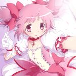  1girl commentary_request dress gloves hair_ribbon kaname_madoka magical_girl mahou_shoujo_madoka_magica medium_hair pink_eyes pink_hair ribbon solo twintails yazwo 