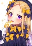  1girl abigail_williams_(fate/grand_order) akirannu black_bow black_dress black_headwear blonde_hair blush bow candy commentary_request dress fate/grand_order fate_(series) food forehead hair_bow hat highres holding holding_food holding_lollipop licking lollipop long_hair long_sleeves looking_at_viewer orange_bow polka_dot polka_dot_bow sleeves_past_fingers sleeves_past_wrists solo sparkle swirl_lollipop tongue tongue_out upper_body violet_eyes white_background 