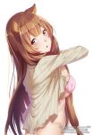  1girl :o absurdres animal_ear_fluff animal_ears artist_name bangs blunt_bangs blush bra breasts brown_hair dannex009 deviantart_username eyebrows_visible_through_hair facebook_username from_side groin hands_up head_tilt highres long_hair long_sleeves looking_at_viewer medium_breasts open_mouth paid_reward patreon_reward patreon_username pink_bra pink_eyes raccoon_ears raccoon_girl raphtalia ribbed_shirt shirt simple_background solo tate_no_yuusha_no_nariagari under_boob underwear undressing watermark web_address white_background 