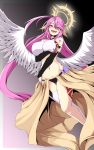  1girl absurdres ahoge angel_wings blush breast_hold breasts bridal_gauntlets brown_eyes commentary_request crop_top cross evil_smile feathered_wings hair_between_eyes halo highres jibril_(no_game_no_life) large_breasts long_hair looking_at_viewer low_wings magic_circle midriff mr.bong9s navel no_game_no_life open_mouth pink_hair single_thighhigh smile solo symbol-shaped_pupils tattoo thigh-highs very_long_hair white_wings wing_ears wings 