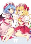  2girls ;d ascot bangs barefoot bat_wings blonde_hair blue_hair blush bow brooch commentary_request crystal dress eyebrows_visible_through_hair fang feet flandre_scarlet frilled_shirt frilled_shirt_collar frilled_sleeves frills hat hat_ribbon heart heart_hands highres jewelry looking_at_viewer mob_cap multiple_girls one_eye_closed open_mouth petticoat pink_dress puffy_short_sleeves puffy_sleeves red_bow red_eyes red_ribbon red_skirt red_vest remilia_scarlet ribbon ruhika sash shirt short_hair short_sleeves simple_background skirt smile toes touhou vest white_background white_shirt wings wrist_cuffs yellow_neckwear 