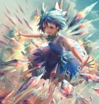  1girl barefoot blue_dress blue_eyes blue_hair blue_ribbon blush bow cirno clouds dress hair_bow highres ice ice_crystal ice_wings outstretched_arms puffy_short_sleeves puffy_sleeves ribbon short_hair short_sleeves sky snowflakes solo touhou wings ze_xia 