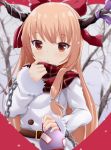  1girl bare_tree belt belt_buckle blurry blurry_background blush bow brown_belt brown_eyes buckle chain commentary_request depth_of_field fur-trimmed_sleeves fur_trim gourd hair_bow holding horns ibuki_suika light_brown_hair long_hair long_sleeves looking_at_viewer maccha oni oni_horns parted_lips plaid plaid_scarf red_bow red_scarf scarf snowing solo touhou tree upper_body very_long_hair white_coat 