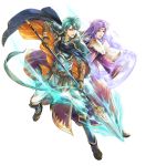  2boys armor armored_boots aura belt blue_eyes blue_hair book boots cape circlet ephraim_(fire_emblem) fire_emblem fire_emblem:_the_sacred_stones fire_emblem_heroes full_body gloves highres lyon_(fire_emblem) magic_circle male_focus medium_hair multiple_boys official_art open_book open_mouth polearm purple_hair spear teeth weapon yamada_koutarou 