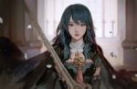  1girl armor blue_eyes blue_hair breasts byleth_(fire_emblem) byleth_eisner_(female) cape fire_emblem fire_emblem:_three_houses holding holding_sword holding_weapon indoors jiayue_wu lips long_hair looking_at_viewer nose solo sword upper_body weapon 