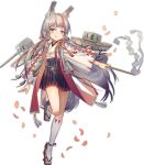  1girl anchor animal_ears arm_at_side azur_lane bangs bell black_hakama black_skirt bright_pupils closed_mouth eyebrows flat_chest fox_ears fox_tail full_body gohei grey_hair hakama hakama_skirt haori high-waist_skirt holding japanese_clothes jingle_bell kamikaze_(azur_lane) kneehighs leg_up long_hair long_sleeves looking_away looking_to_the_side machinery multicolored_hair nontraditional_miko norizc official_art orange_eyes petals redhead ribbon rope shimenawa skirt smile solo streaked_hair tabi tachi-e tail tongue tongue_out torpedo transparent_background turret two-tone_hair very_long_hair white_legwear white_pupils wide_sleeves 