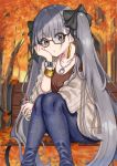 1girl alternate_costume autumn autumn_leaves azur_lane bench black-framed_eyewear black_bow bow bracelet brown_shirt bubble_tea casual collarbone cup day denim drinking_straw earrings eyebrows_visible_through_hair formidable_(azur_lane) glasses grey_hair highres holding holding_cup jeans jewelry long_hair looking_at_viewer necklace outdoors pants r_(ryo) semi-rimless_eyewear shirt sitting solo twintails under-rim_eyewear watch watch 