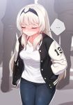  ... 1girl an-94_(girls_frontline) blonde_hair blush closed_eyes commentary_request denim girls_frontline hands_in_pockets highres jacket jeans jersey korean_commentary narynn pants solo speech_bubble twitter_username 