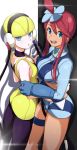  2girls :d :o arm_around_shoulder ass bangs bare_shoulders blonde_hair blue_eyes blue_gloves blue_shorts breasts cable choker closed_eyes commentary_request dark_skin dress elbow_gloves from_side fuuro_(pokemon) gloves hand_on_another&#039;s_arm headphones highres holding_hands interlocked_fingers kamitsure_(pokemon) looking_at_another looking_at_viewer medium_breasts multiple_girls open_mouth pantyhose parted_lips pokemon pokemon_(game) pokemon_bw pretty-purin720 purple_choker purple_legwear redhead round_teeth short_hair short_shorts shorts sidelocks sleeveless sleeveless_dress small_breasts smile standing teeth thigh_strap upper_teeth yellow_dress yuri 