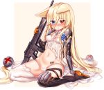  1girl :3 absurdres animal_ears arm_support assault_rifle babydoll bangs barcode barcode_tattoo blonde_hair blue_eyes blue_flower blue_rose blush breasts cat_ears choker closed_mouth commentary crossed_bangs eyebrows_visible_through_hair flower frilled_choker frills g41_(girls_frontline) girls_frontline groin gun h&amp;k_g41 hair_between_eyes heterochromia highres honyang long_hair low-tied_long_hair mechanical_arms midriff mismatched_legwear navel open_mouth panties reclining red_eyes rifle rose shirt single_thighhigh sitting solo stomach tattoo thigh-highs underwear very_long_hair wariza weapon white_babydoll white_choker white_legwear white_panties white_shirt 