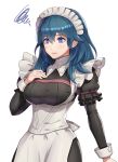  1girl alternate_costume apron blue_eyes blue_hair breasts byleth_(fire_emblem) byleth_eisner_(female) cowboy_shot enmaided fire_emblem fire_emblem:_three_houses gonzarez hair_between_eyes hand_on_own_chest highres lips long_hair long_sleeves maid maid_apron maid_headdress medium_breasts puffy_long_sleeves puffy_sleeves simple_background solo white_background 
