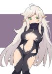  1girl absurdres ahoge blonde_hair blush breast_cutout breasts dungeon_and_fighter elf green_eyes highres large_breasts long_hair looking_at_viewer navel pointy_ears smile solo very_long_hair wweed 