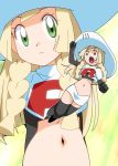  blonde_hair cosplay green_eyes hainchu lillie_(pokemon) long_hair midriff musashi_(pokemon) musashi_(pokemon)_(cosplay) navel open_mouth pokemon pokemon_(game) pokemon_sm stomach team_rocket_uniform white_headwear 