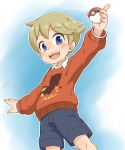  1boy blonde_hair blue_eyes blush collared_shirt highres jqk looking_at_viewer male_focus poke_ball poke_ball_(generic) pokemon pokemon_(game) pokemon_swsh shirt shorts solo sweater white_shirt youngster_(pokemon) 