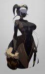  1girl black_horns black_skin breasts breasts_apart colored_skin cropped_legs fur_trim grey_background grey_hair highres holding horns large_breasts long_hair looking_at_viewer original simple_background solo tail ub1mo very_long_hair yellow_eyes 