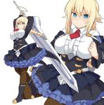  1girl blazblue blonde_hair blue_eyes braid breasts brown_legwear commentary_request dress frills holding holding_sword holding_weapon large_breasts long_braid long_hair multiple_views necktie pantyhose red_neckwear shiseki_hirame sword weapon 