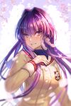  1girl clannad dappled_sunlight day fujibayashi_kyou hair_between_eyes hair_intakes hair_ribbon hand_up highres hikarizaka_private_high_school_uniform lanzer long_hair long_sleeves looking_at_viewer outdoors purple_hair ribbon school_uniform smirk solo sunlight upper_body very_long_hair violet_eyes white_ribbon 