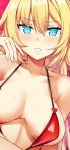  1girl akai_haato bikini blonde_hair blue_eyes blush breasts breasts_apart collarbone hair_between_eyes hand_up heart highres hololive katte_ni_kappa large_breasts long_hair looking_at_viewer micro_bikini parted_lips red_background red_bikini_top simple_background solo sweat swimsuit virtual_youtuber 