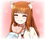  1girl animal_ear_fluff animal_ears bangs brown_hair closed_eyes english_commentary eyebrows_visible_through_hair fang highres holo long_hair pouch shirt smile spice_and_wolf the_only_shoe tickling wolf_ears 