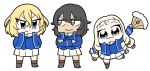  3girls andou_(girls_und_panzer) bc_freedom_military_uniform bkub black_hair blonde_hair blue_eyes dark_skin drill_hair fan girls_und_panzer green_eyes highres long_hair marie_(girls_und_panzer) messy_hair multiple_girls oshida_(girls_und_panzer) simple_background smile 