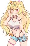  1girl alternate_hairstyle blonde_hair blush breasts closed_mouth crop_top hair_ornament hair_ribbon heterochromia highleg highleg_panties highres hoshikawa_sara kaito_(kaito921125) large_breasts long_hair looking_at_viewer navel nijisanji panties panty_straps red_eyes ribbon shirt short_shorts shorts simple_background sketch sleeveless smile solo twintails underwear virtual_youtuber white_shirt x_hair_ornament yellow_eyes 