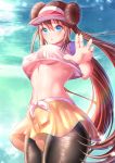  1girl :o blue_eyes breasts brown_hair covered_nipples double_bun from_below highres jiaxi_daze long_hair looking_at_viewer medium_breasts mei_(pokemon) nintendo pantyhose pokemon solo under_boob 