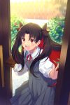  1girl black_bow black_hair blush bow cis05 commentary_request day dress eyebrows_visible_through_hair fate/grand_order fate_(series) grey_dress hair_between_eyes hair_bow hair_ornament holding holding_briefcase ishtar_(fate/grand_order) long_hair long_sleeves multicolored_hair neck_ribbon open_mouth opening_door pinafore_dress red_eyes red_neckwear red_ribbon redhead ribbon school_briefcase school_uniform shirt smile solo space_ishtar_(fate) sunlight toosaka_rin twintails two-tone_hair white_shirt 