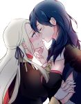  2girls blush breasts byleth_(fire_emblem) byleth_eisner_(female) closed_eyes edelgard_von_hresvelg fire_emblem fire_emblem:_three_houses grabbing_another&#039;s_hand green_hair lips long_hair multiple_girls negom open_eyes ribbon silver_hair simple_background violet_eyes yuri 