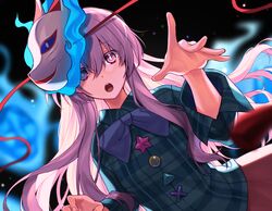  1girl aura blue_neckwear bow bowtie circle commentary_request dutch_angle expressionless eyebrows_visible_through_hair face_mask fox_mask hata_no_kokoro long_hair mask mask_on_head noh_mask open_mouth pink_eyes pink_hair plaid plaid_shirt shirt solo star string touhou triangle x 